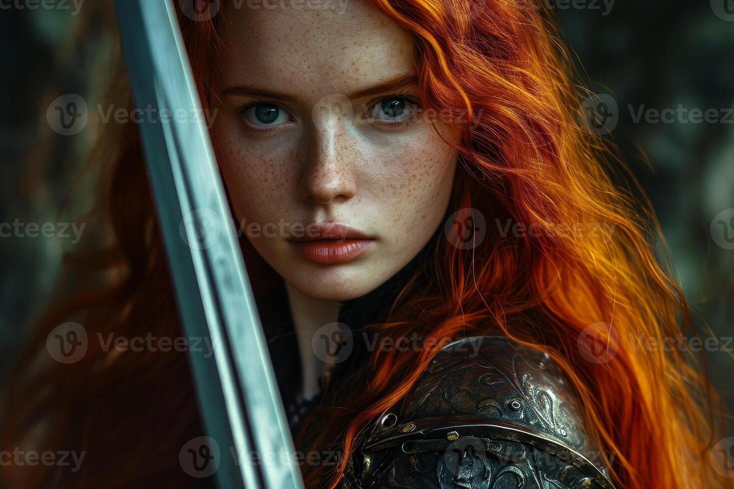 Intense young warrior woman with fiery red hair photo