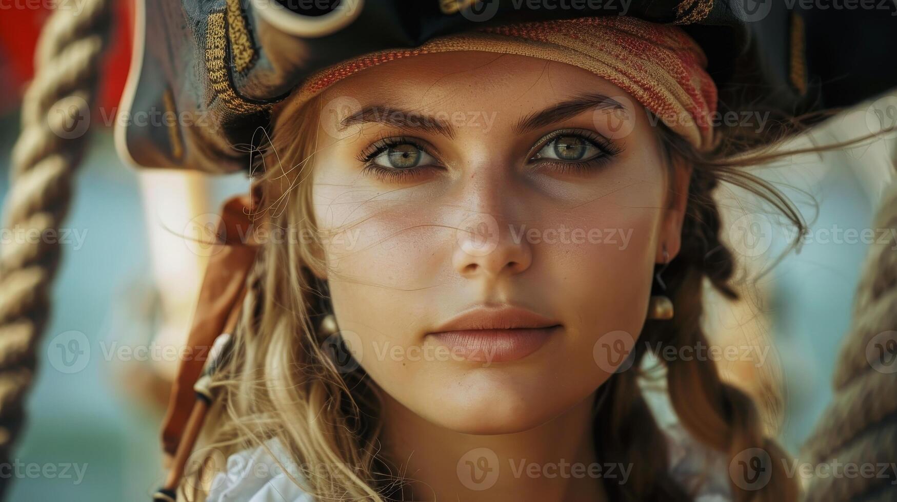 Young woman in pirate costume looking intently photo