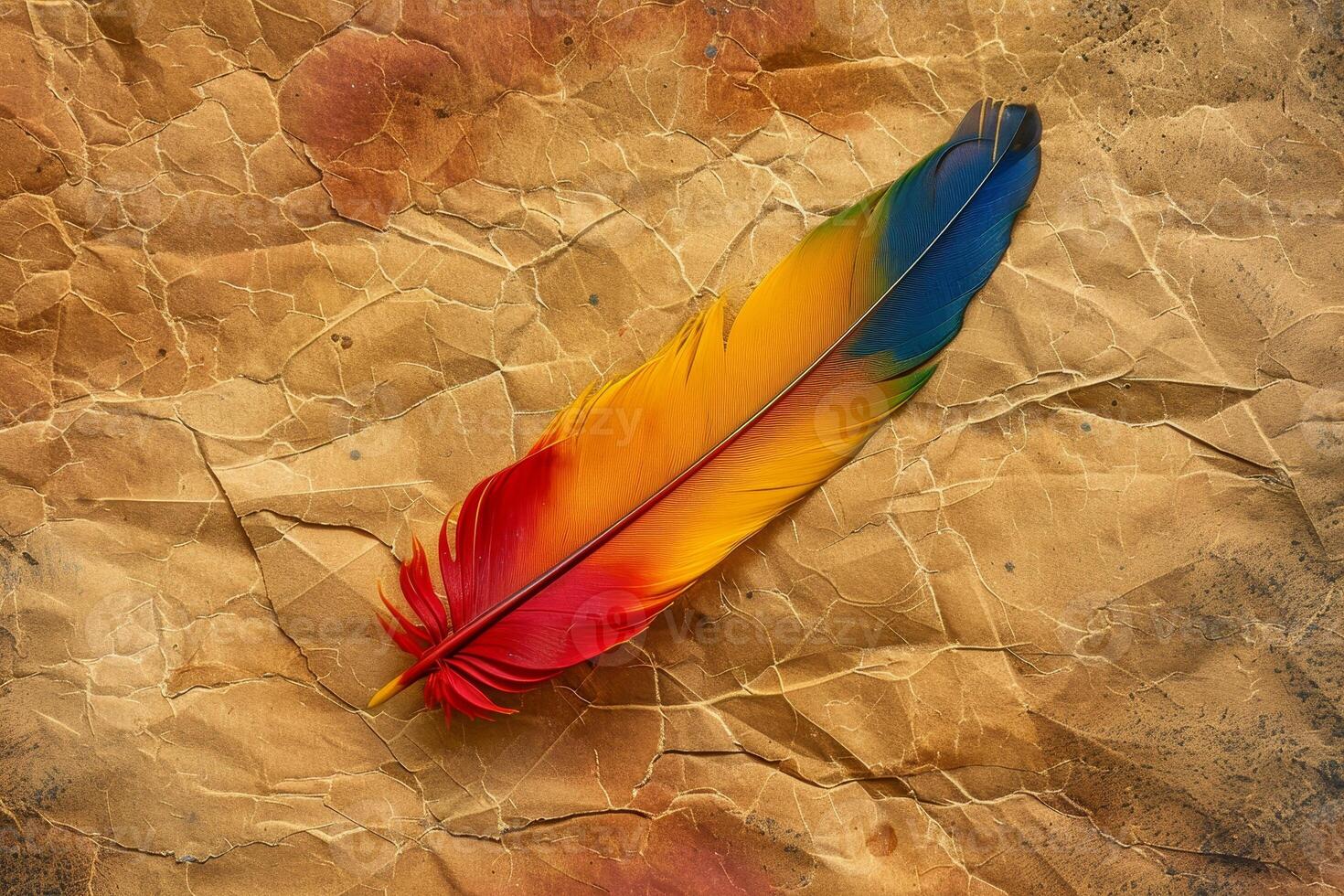 Colorful feather on a textured parchment background photo