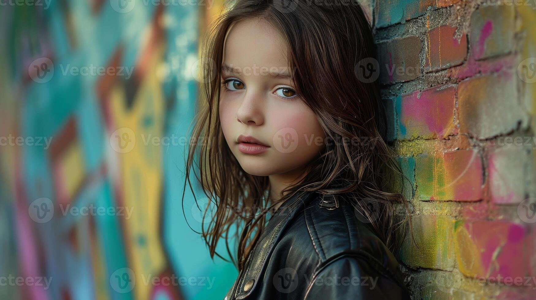 Young girl posing in front of a colorful graffiti wall photo