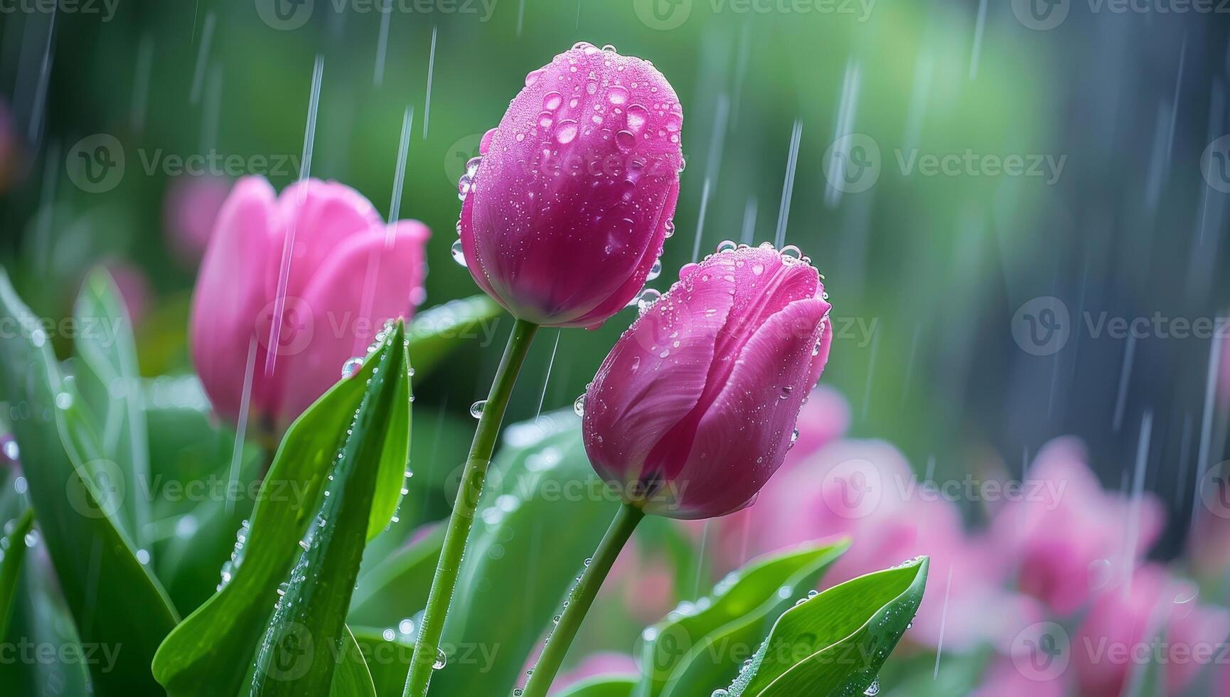 Raindrops on Tulips in a Lush Garden photo