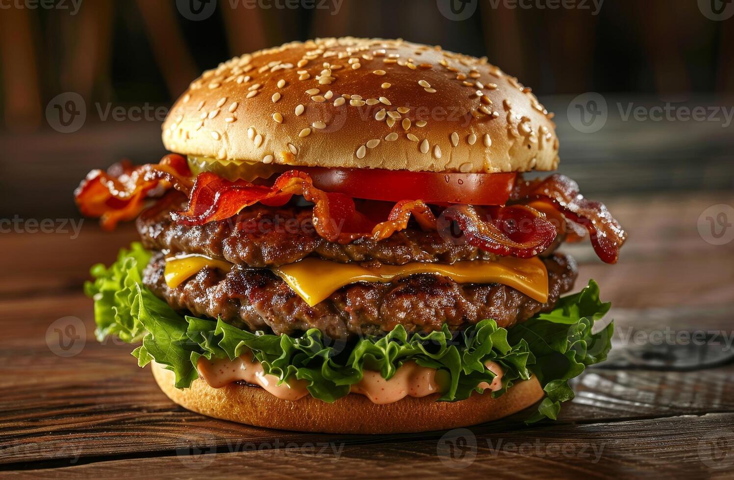 Delicious Double Bacon Cheeseburger on Wooden Table photo