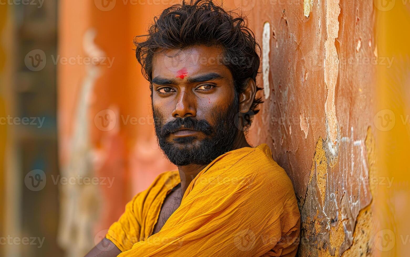 Portrait of a man with intense gaze leaning against an orange wall photo