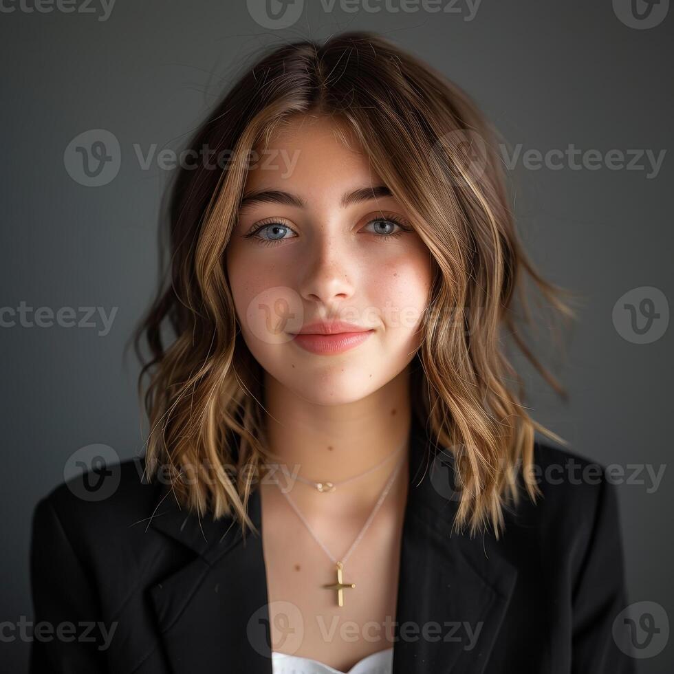Portrait of a young woman with a confident smile photo