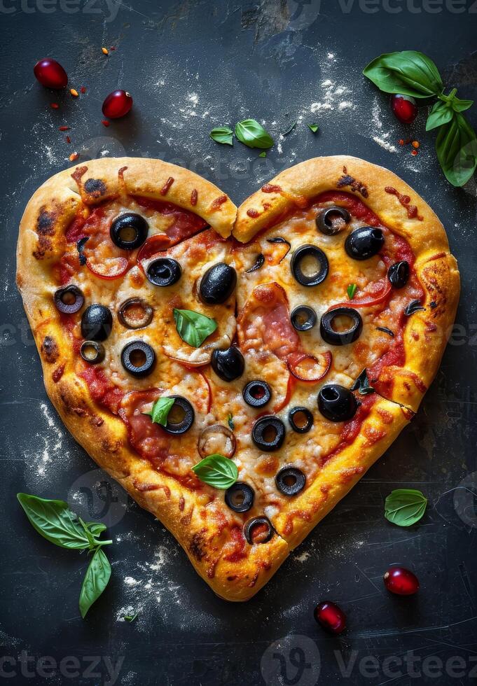 Heart shaped pizza with toppings on a dark background photo