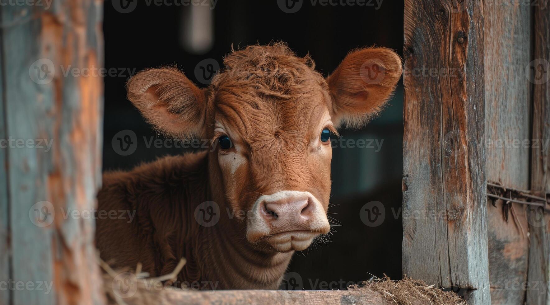 Curious calf peeking from barn photo