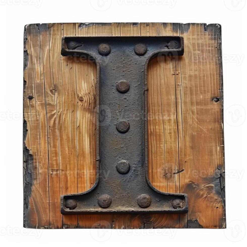 Vintage metal letter I on a wooden background photo