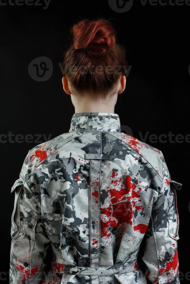 Female soldier in camouflage uniform standing against a dark background photo