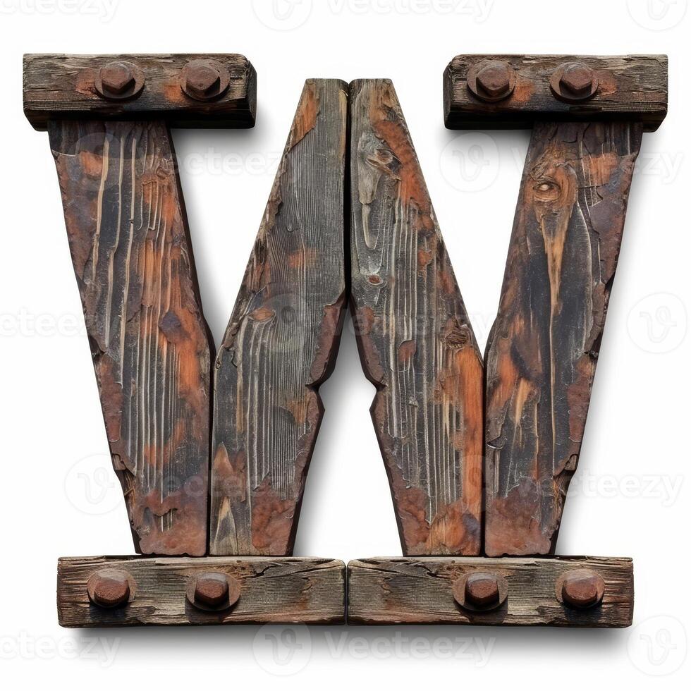 Rustic Wooden Letter W Isolated on White Background photo