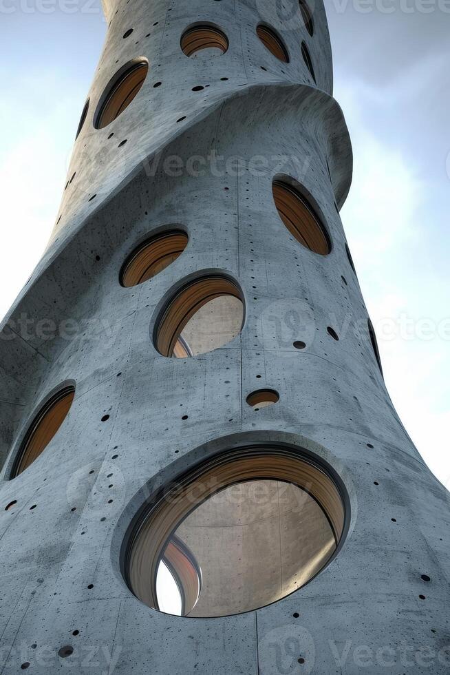 Modern concrete tower with circular windows under a cloudy sky photo
