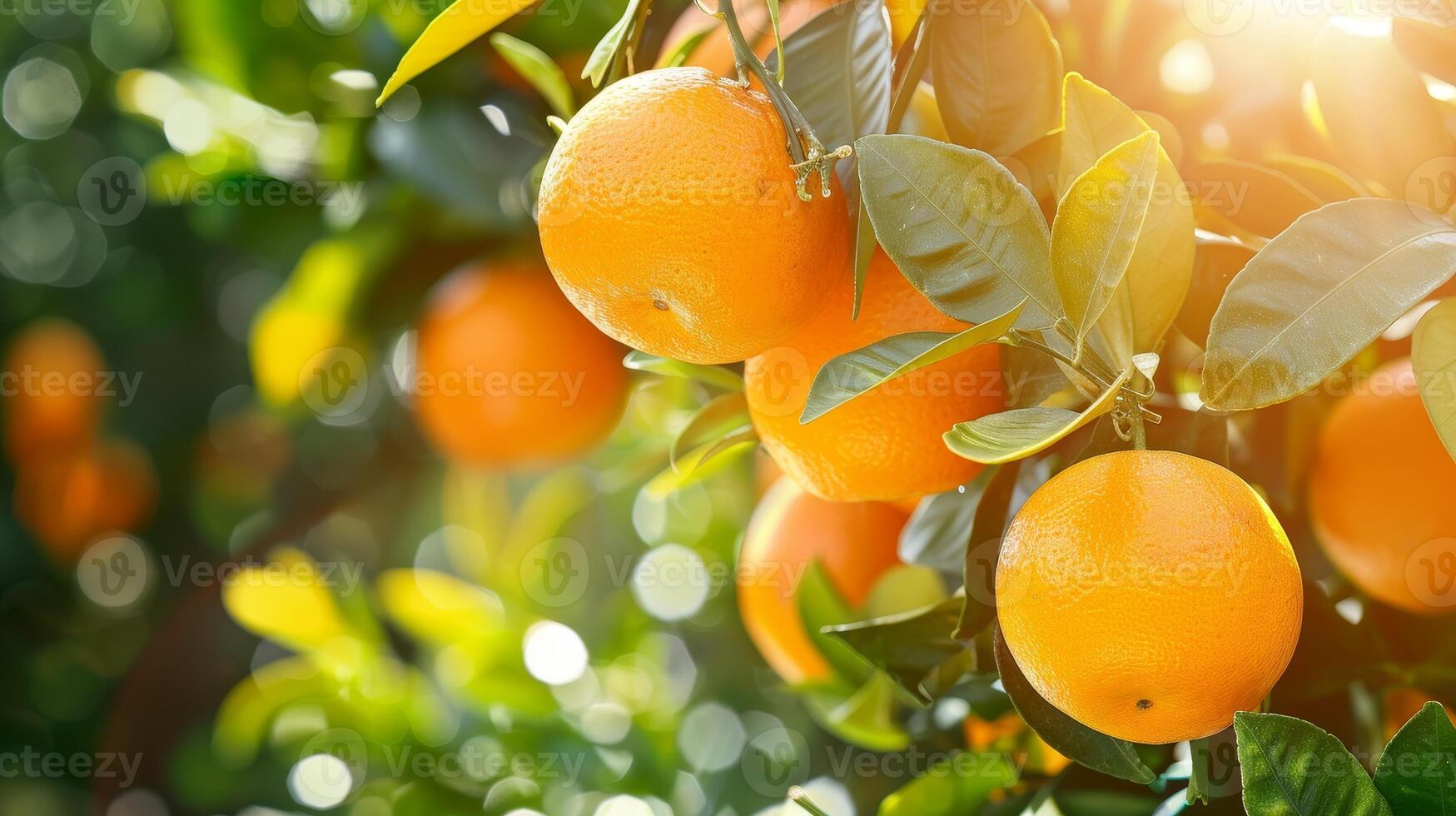 Fresh oranges hanging on a sunlit tree photo