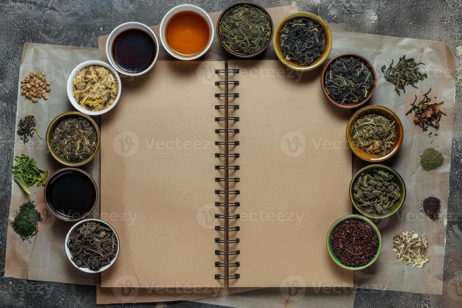 Variety of teas and tea leaves displayed around an open notebook photo