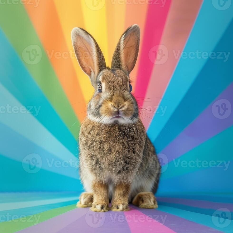 Colorful portrait of a rabbit against a rainbow background photo