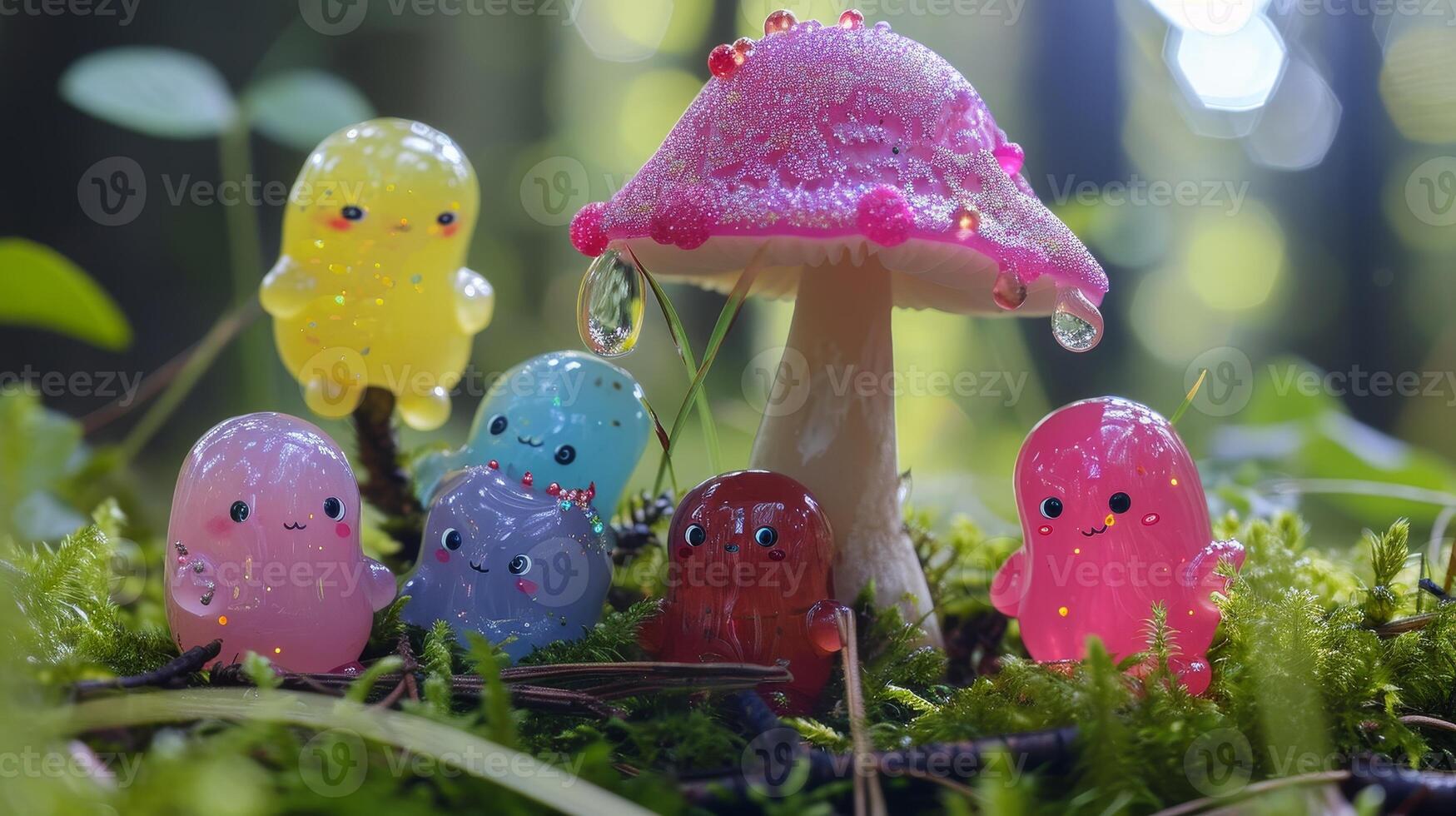 Colorful cartoon characters gathered around a sparkling mushroom in a magical forest photo