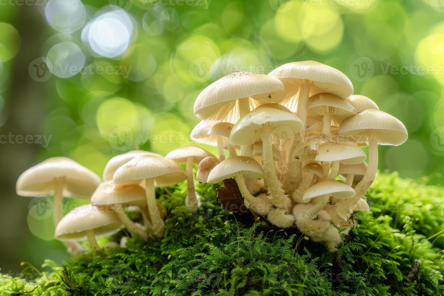 Cluster of Mushrooms Thriving on a Mossy Log in a Lush Forest photo