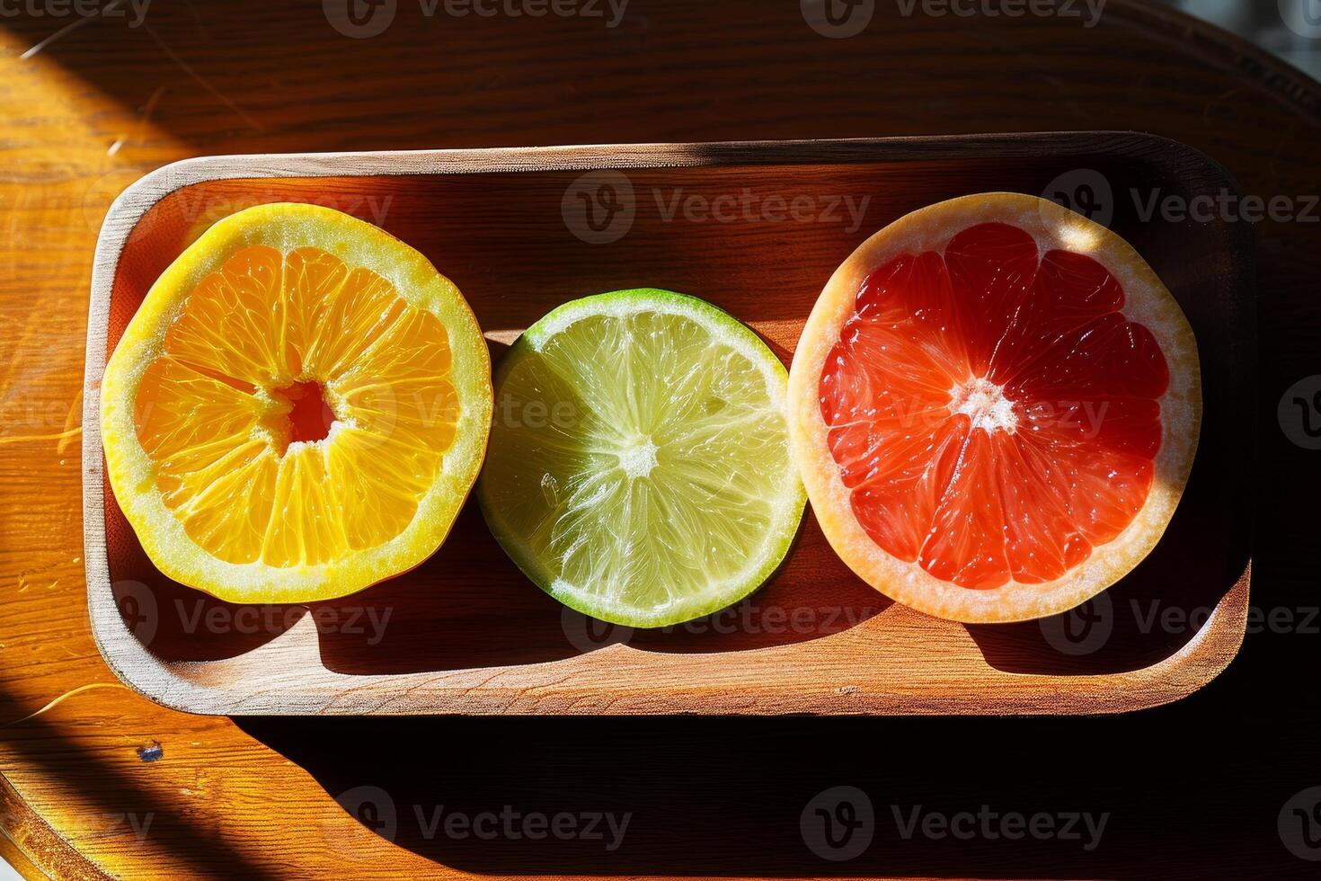 Citrus Trio Orange, Lime, and Grapefruit Slices on Wooden Tray photo
