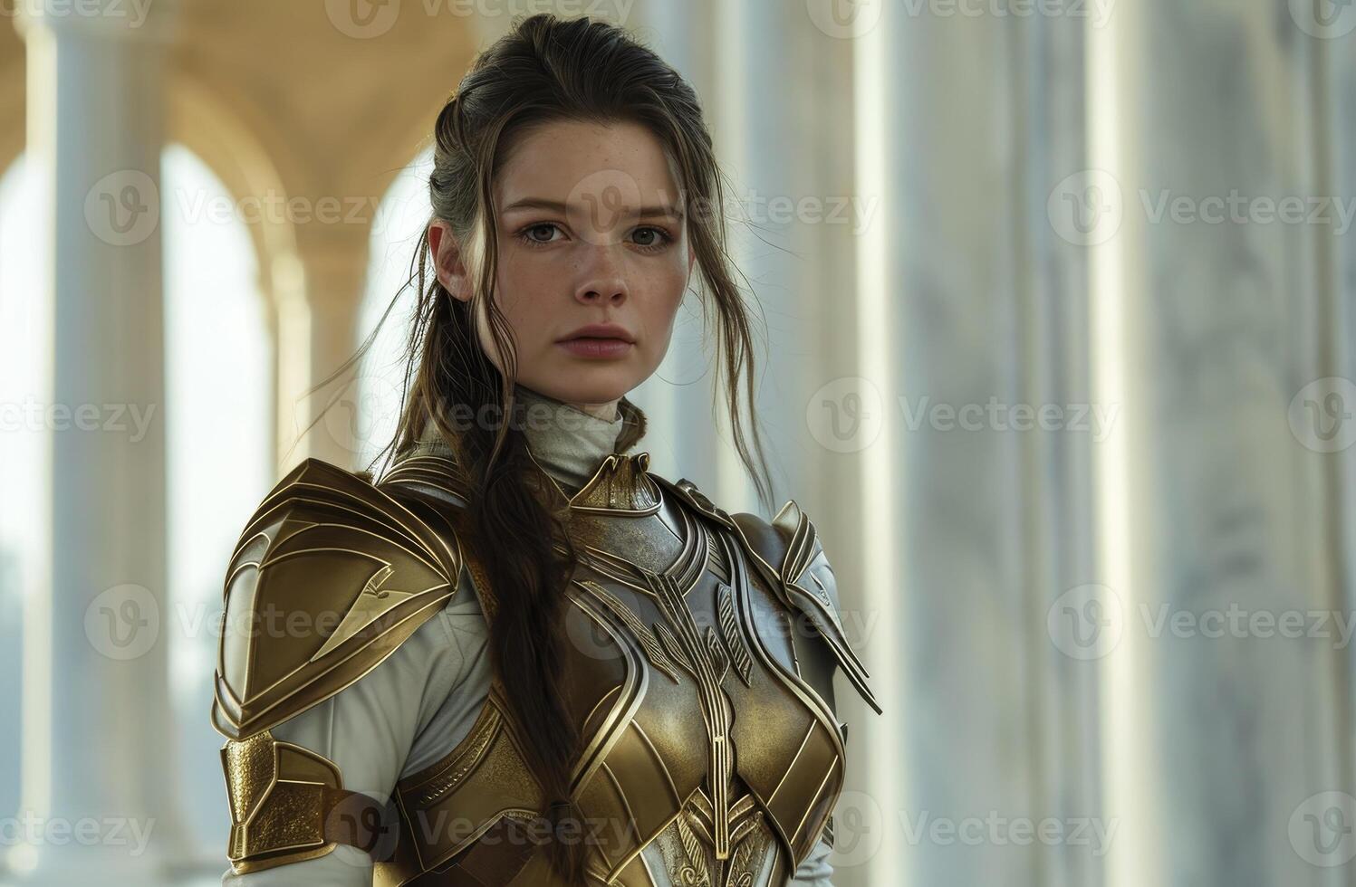 Warrior woman in ornate armor standing in a grand hall photo