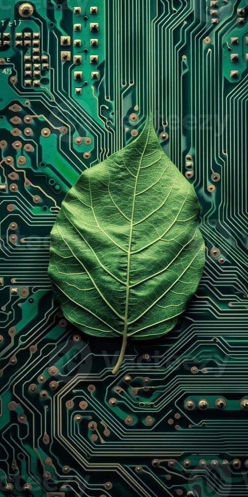 Green leaf on a circuit board highlighting eco friendly technology photo