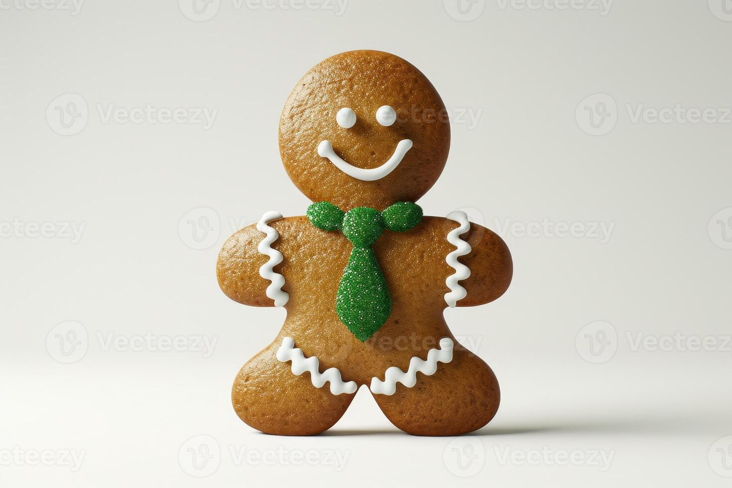 Smiling Gingerbread Man with Green Bow Tie on White Background photo