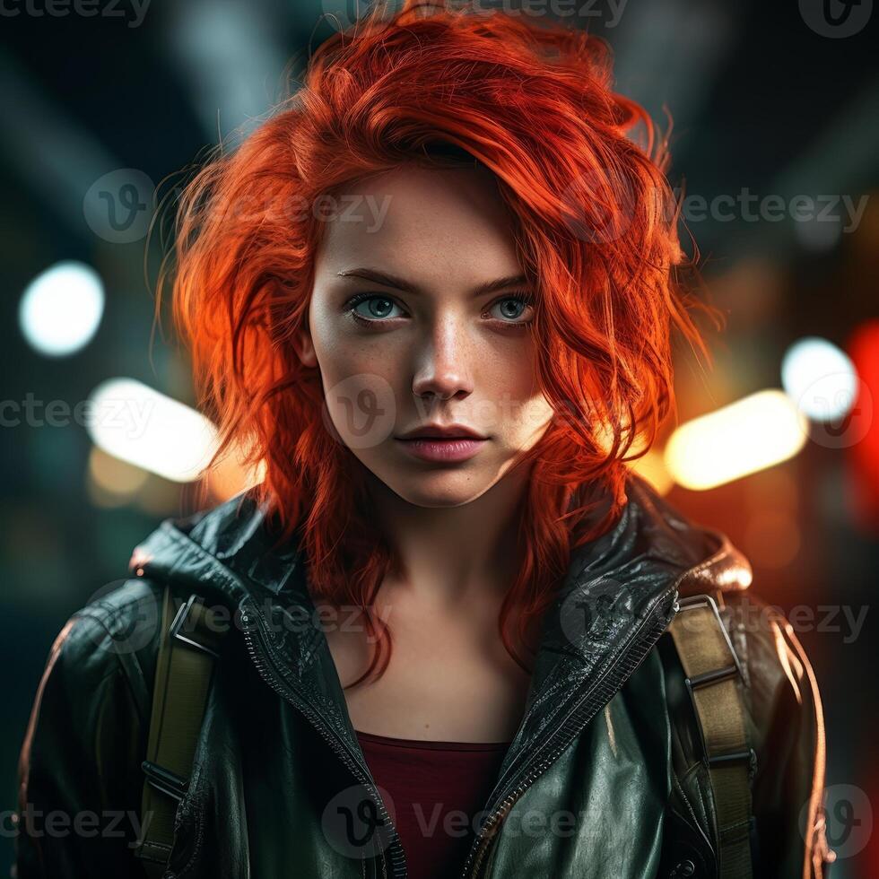 Portrait of a young woman with vibrant red hair in an urban setting at night photo