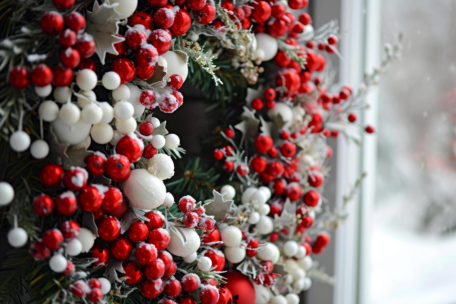 Festive Christmas Wreath Decorated with Red Berries and Snow photo
