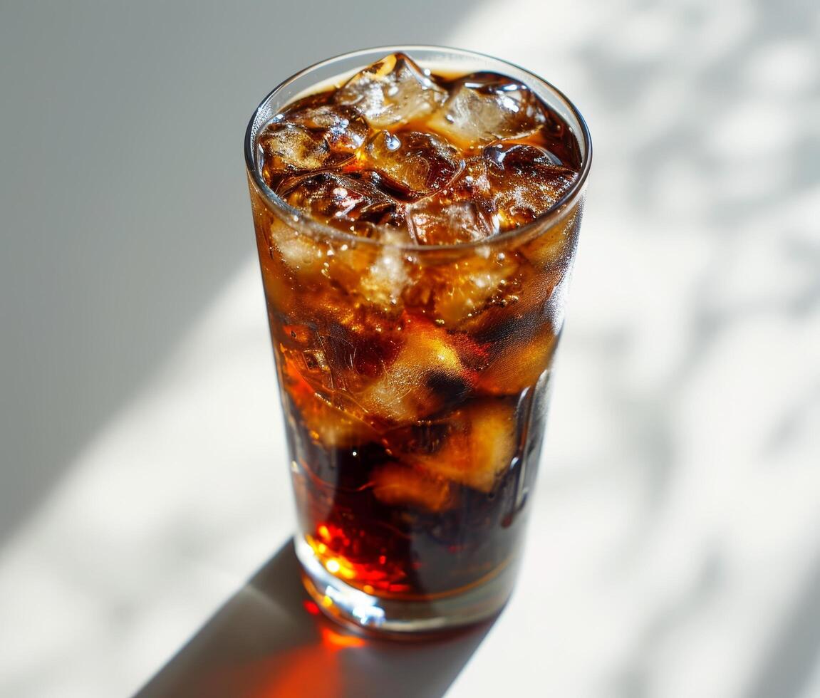 Refreshing glass of iced cola in sunlight photo