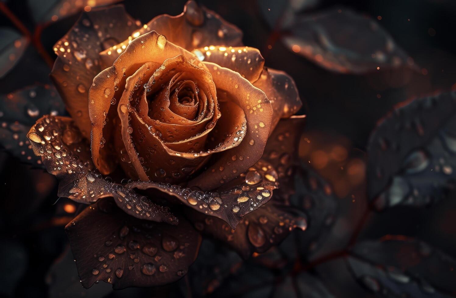 Golden Rose with Dew Drops on Dark Background photo