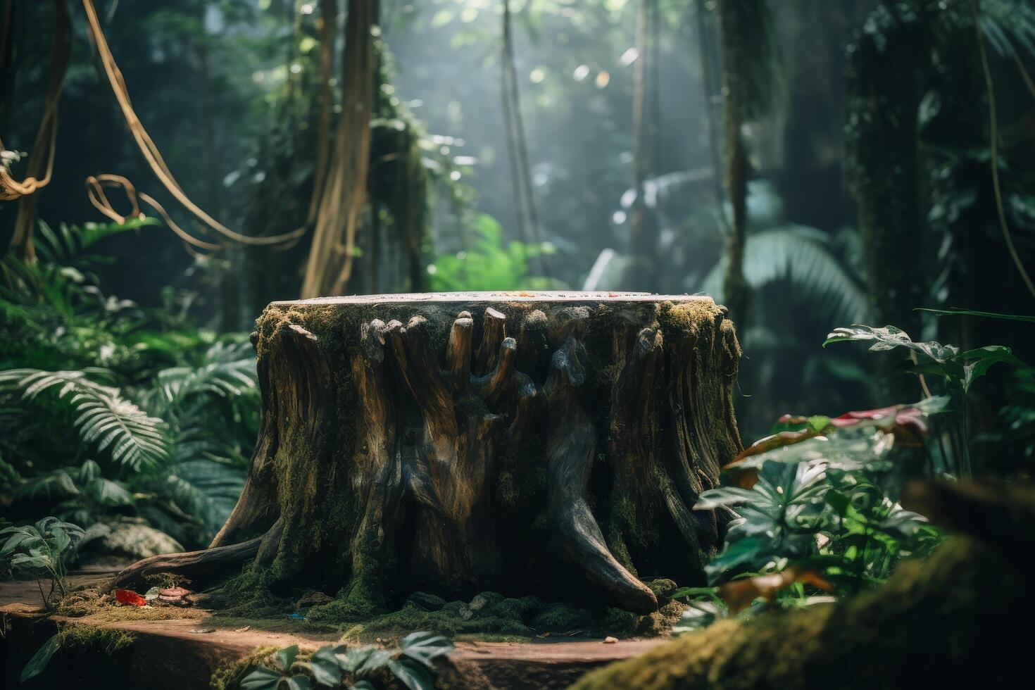 Mystical tree stump in a lush forest photo