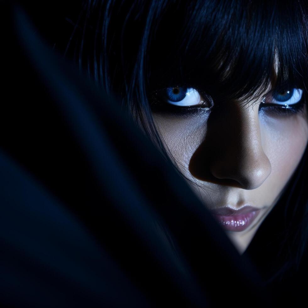 Mysterious woman with striking blue eyes in the shadows photo