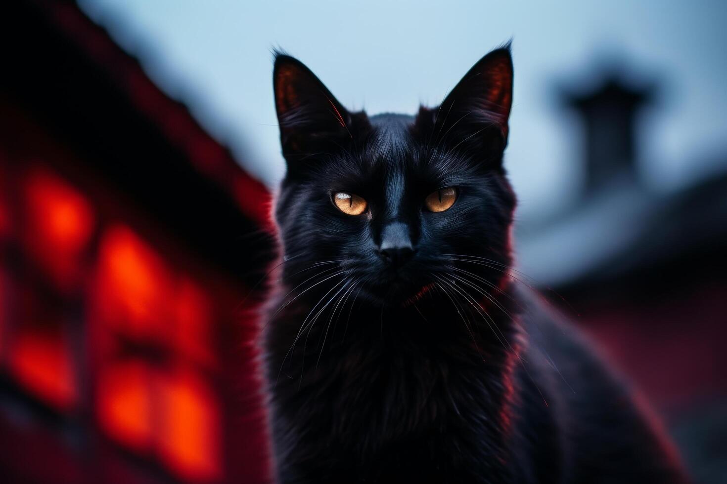 Majestic black cat with glowing eyes at dusk photo