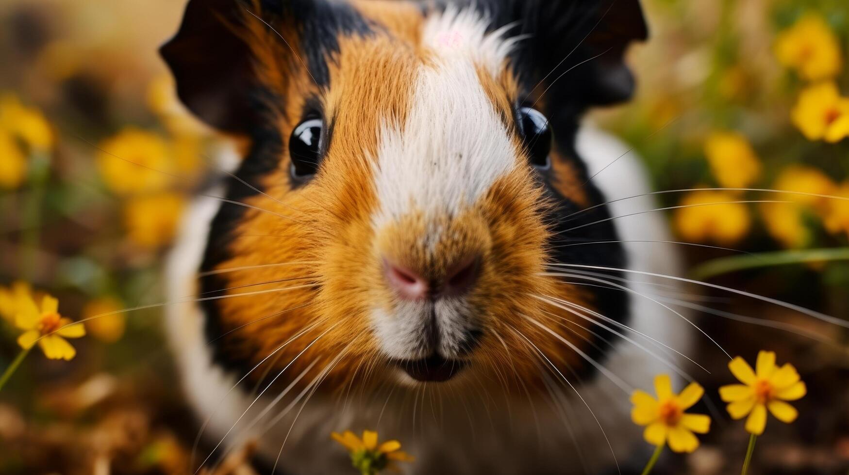 Close up of a Guinea Pig Amongst Yellow Flowers photo