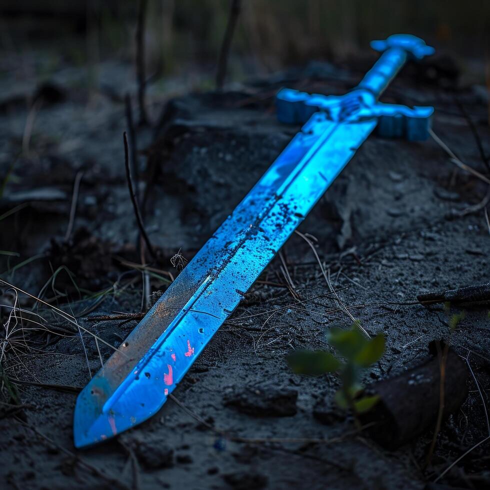Mystical glowing sword embedded in the ground at twilight photo