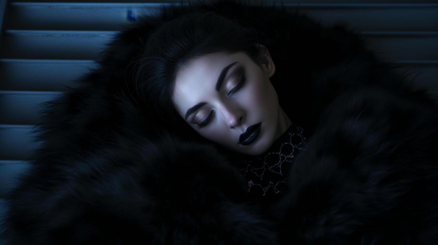 Elegant woman in luxurious fur coat sleeping peacefully photo