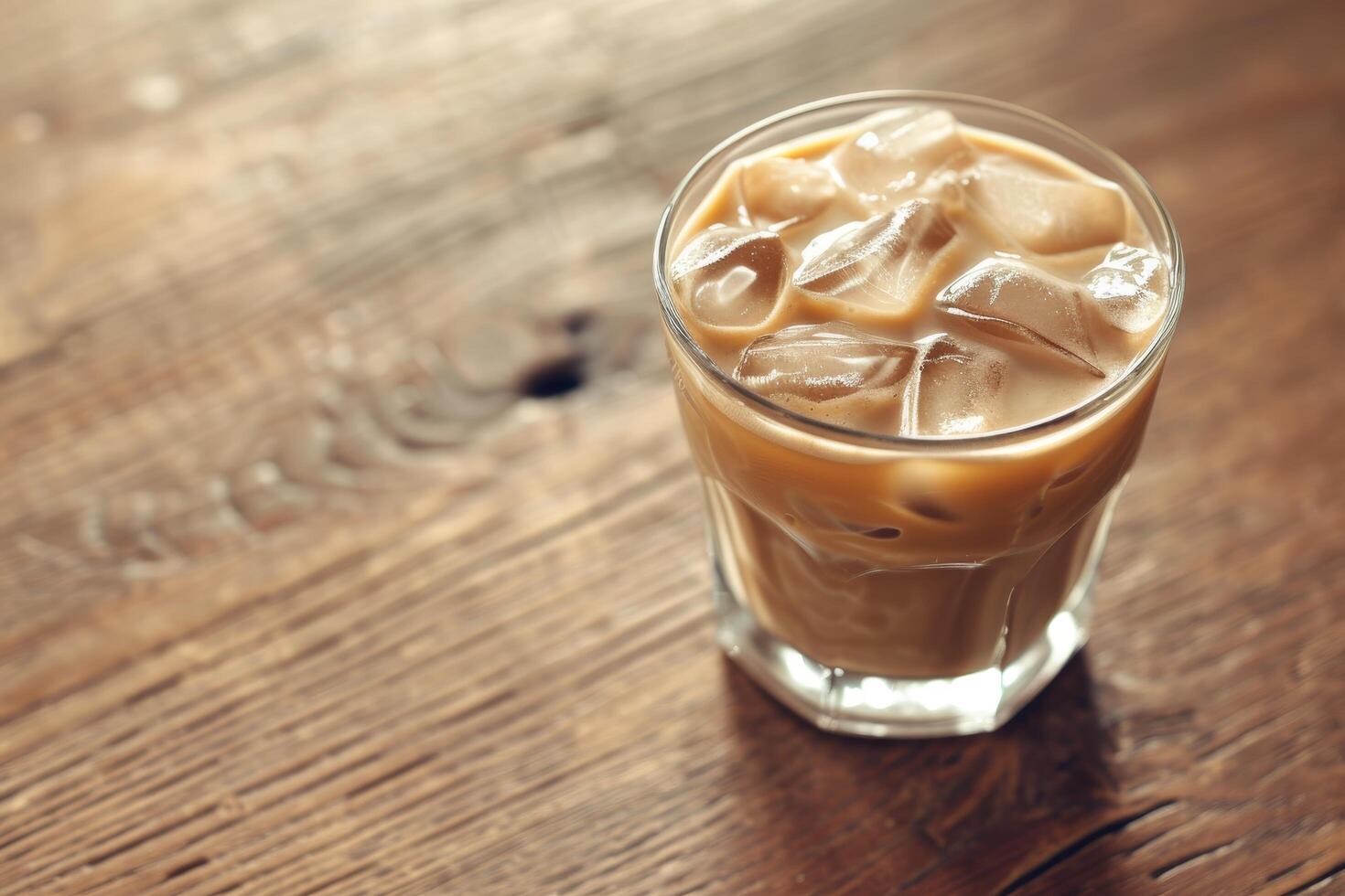 Refreshing Iced Coffee in a Glass on Wooden Table photo