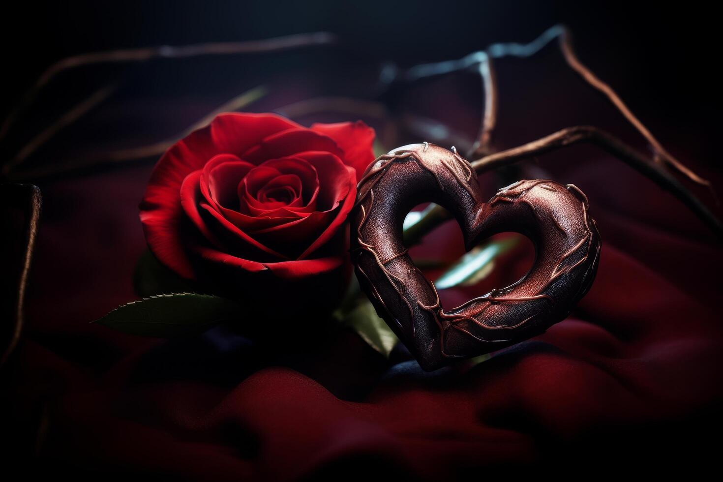 Elegant red rose and heart shaped chocolate on a silky background photo