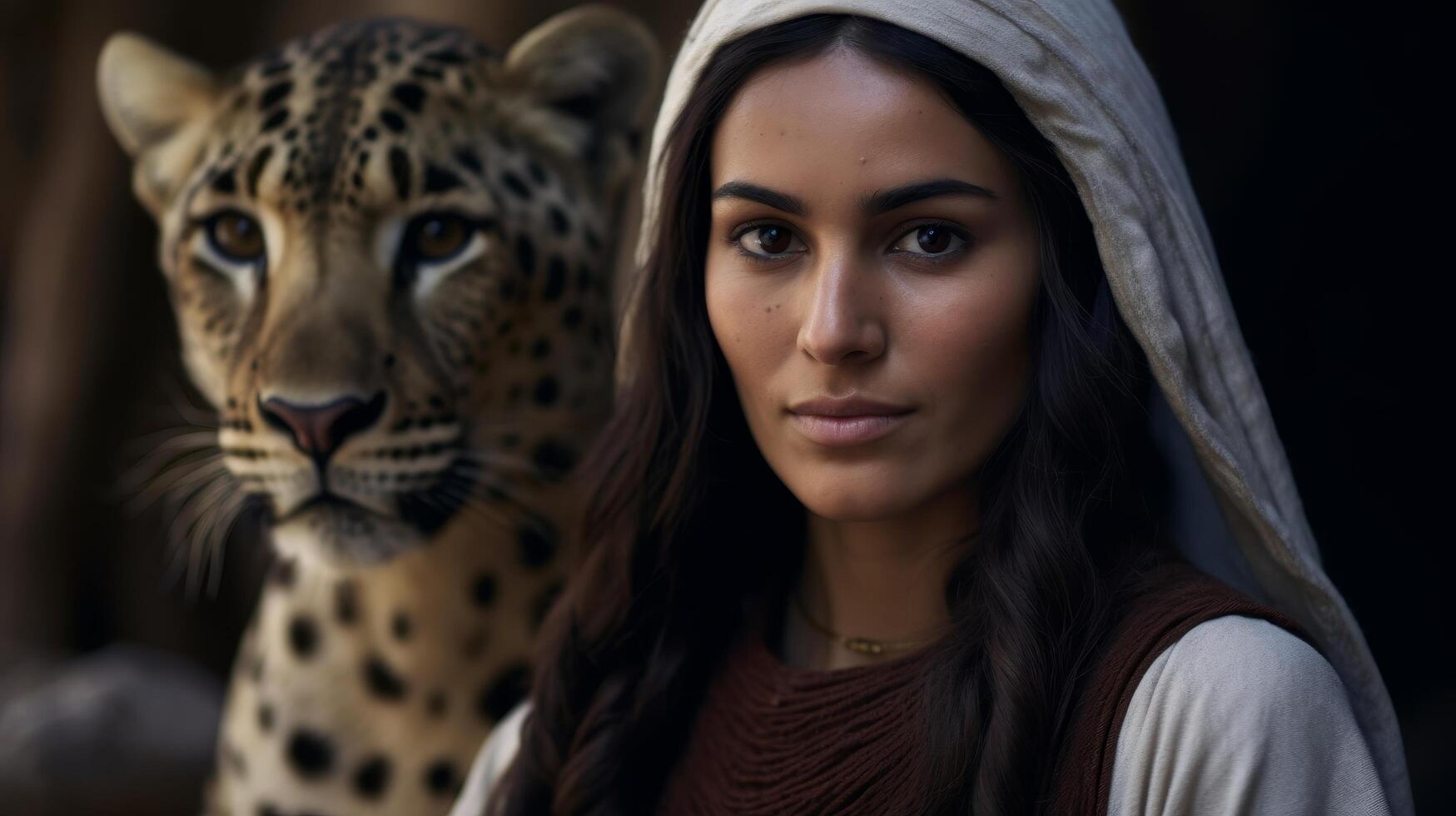 Woman with a leopard in a serene setting photo