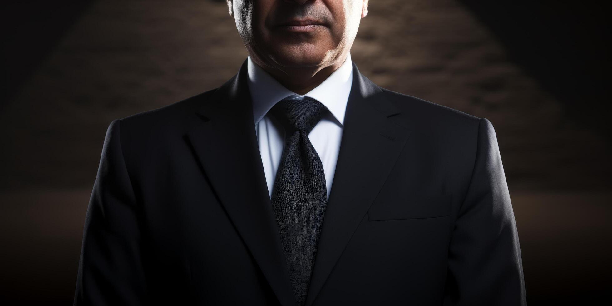 Confident businessman in a dark suit standing in dramatic lighting photo