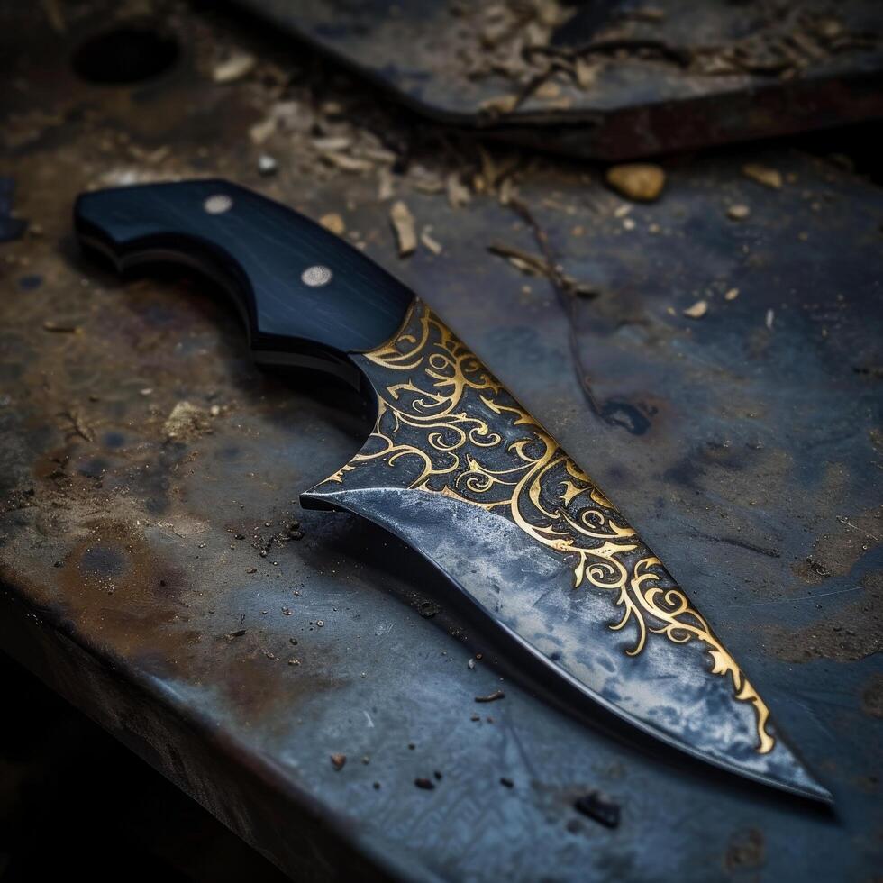 Ornate knife with gold detailing on a rustic metal background photo
