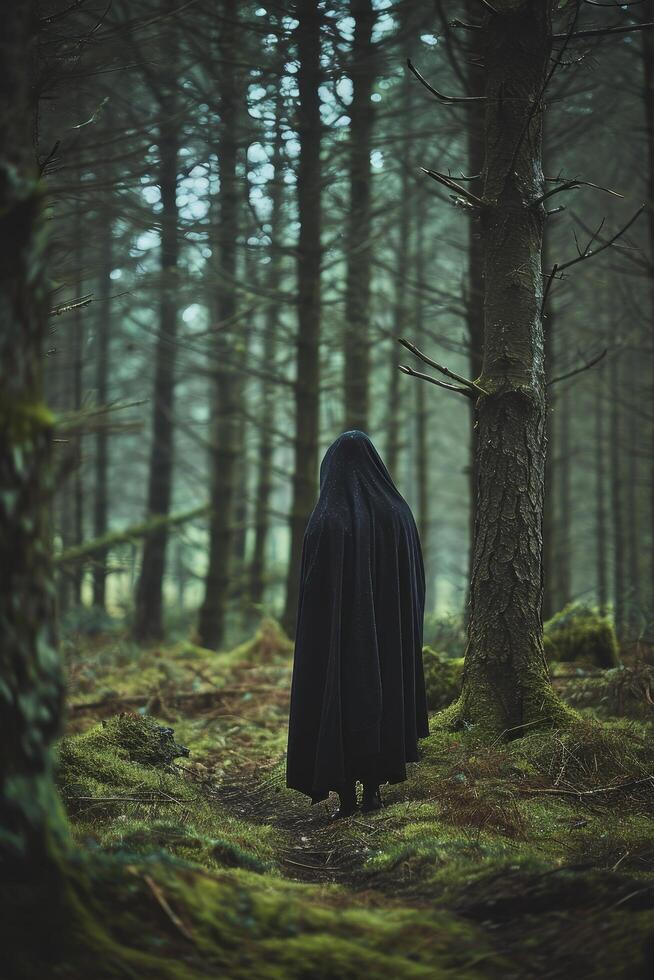 Mysterious figure in a dark cloak standing in a foggy forest photo