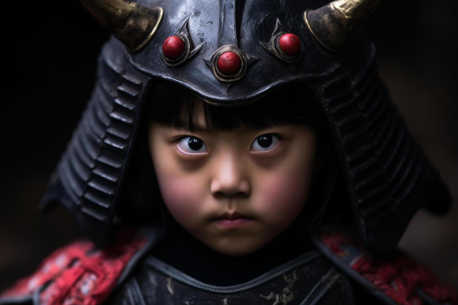 Young child in traditional samurai armor looking intently photo