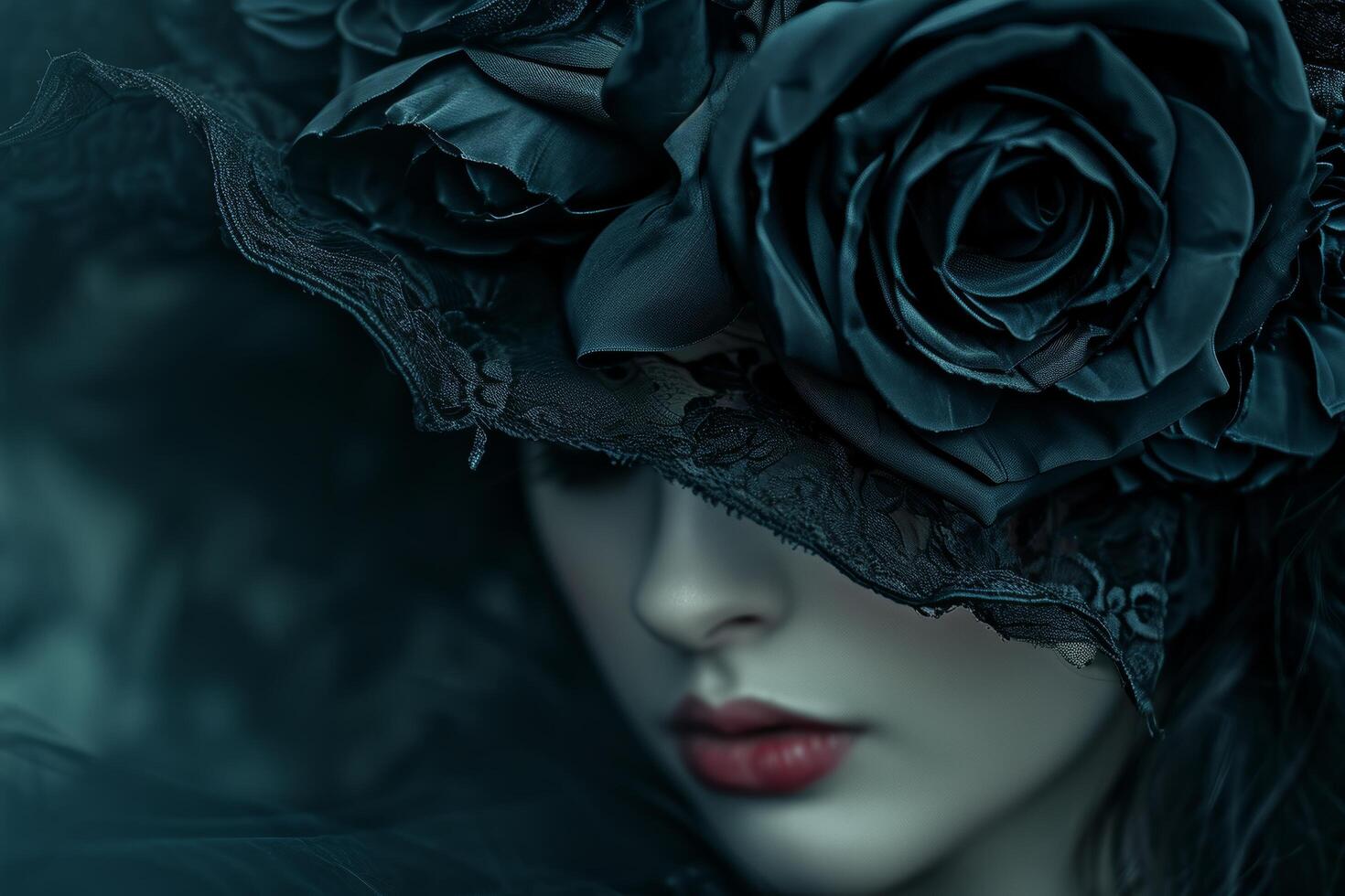 Mysterious woman in a black lace mask adorned with roses photo