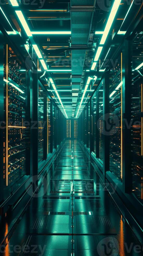 Futuristic server room with neon lights in a data center photo