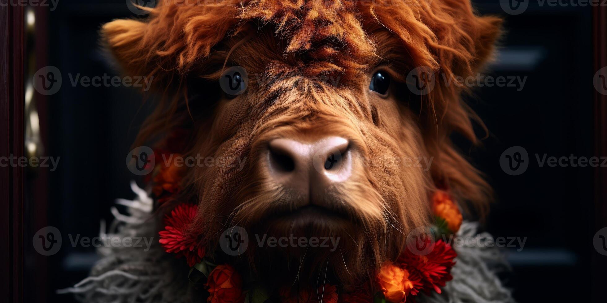 Highland Cow with Floral Garland Looking at Camera photo