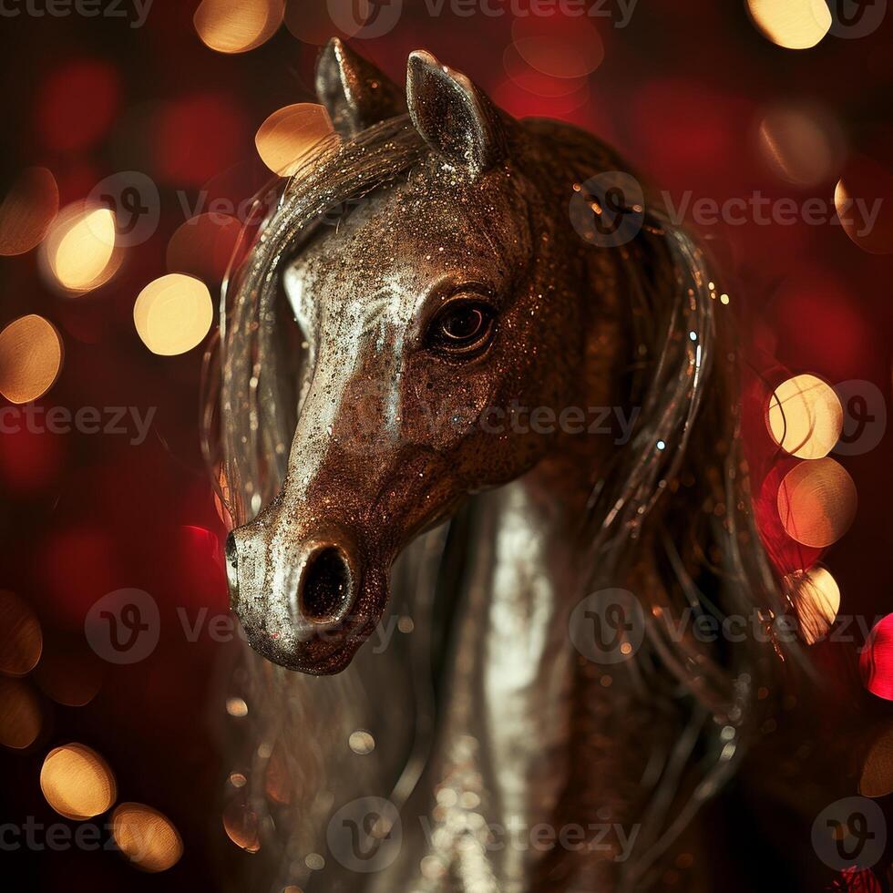 Sparkling Horse Statue with Festive Bokeh Background photo
