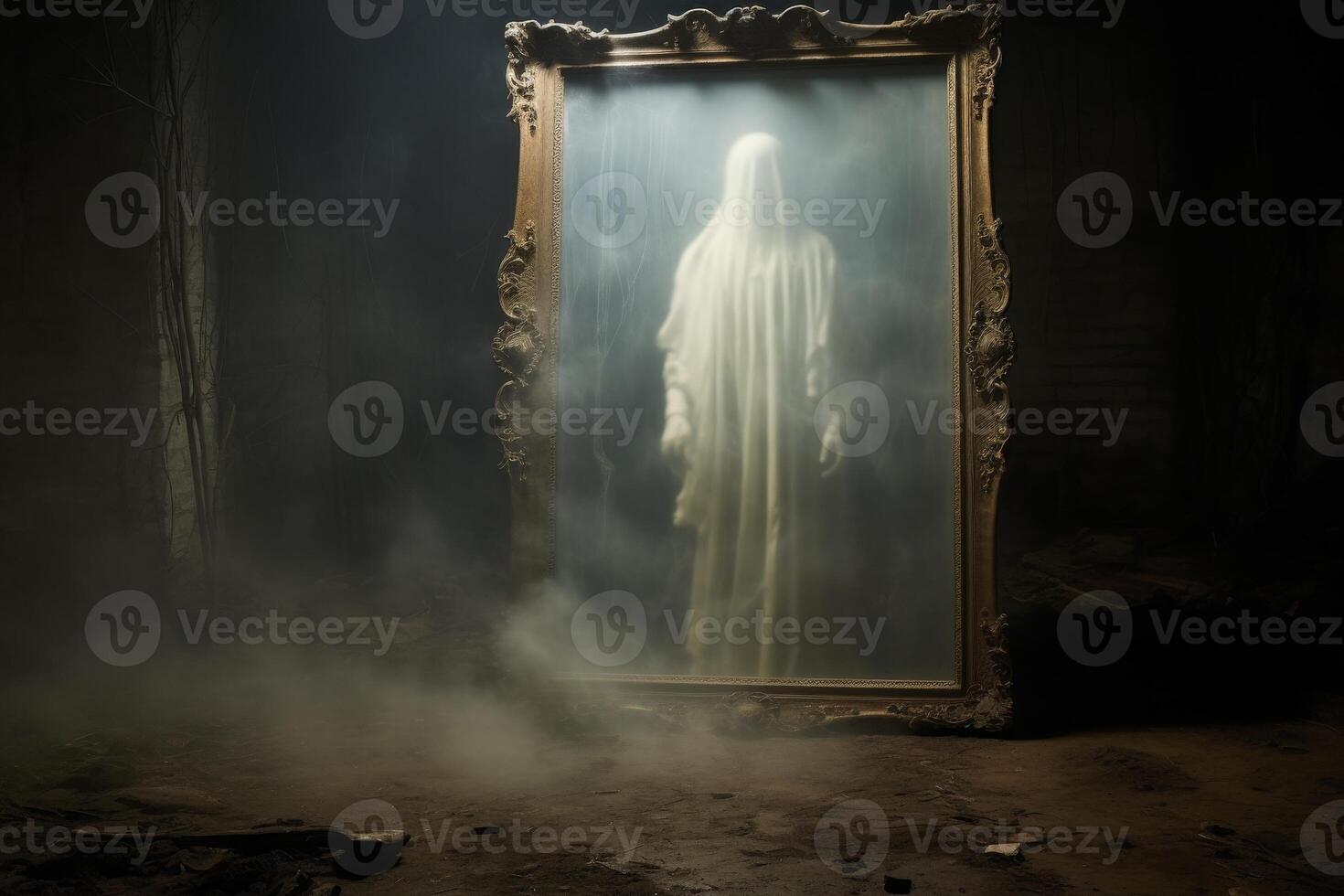 Mysterious ghostly figure appearing in an ornate vintage mirror in a dark, foggy room photo