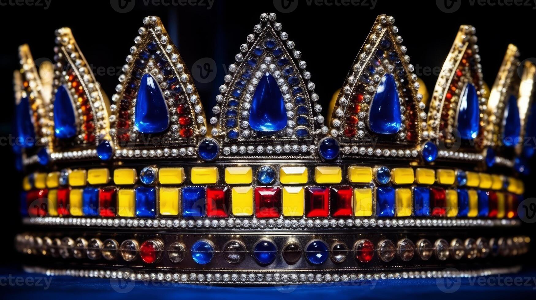 Regal crowns adorned with colorful gemstones on a dark background photo