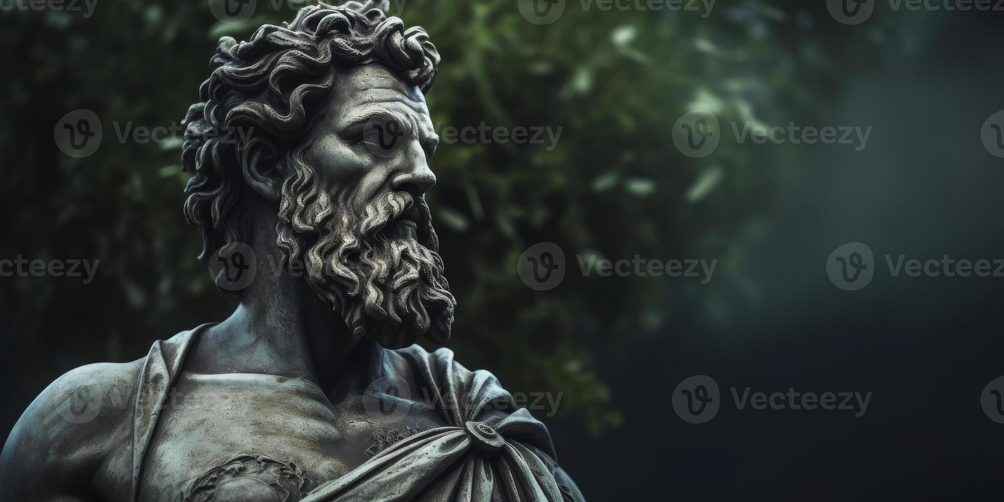 Majestic statue of a bearded classical figure in dramatic lighting photo