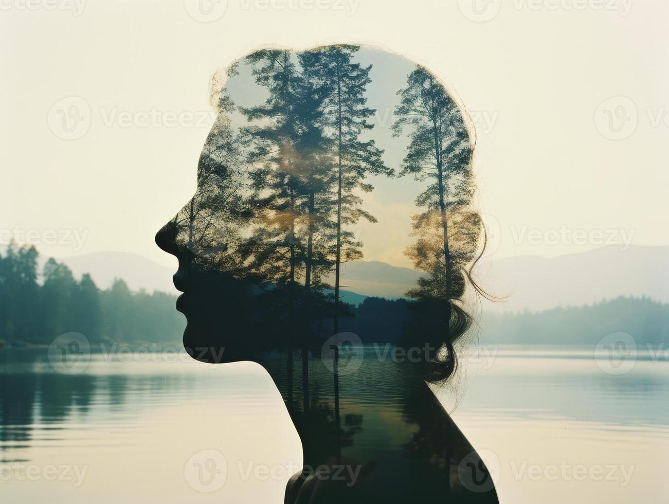 Silhouette of a Woman with Nature Double Exposure photo