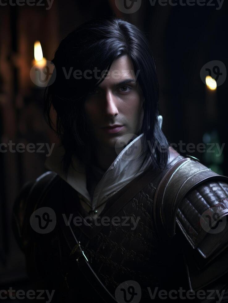 Mysterious medieval knight in a dimly lit castle corridor photo