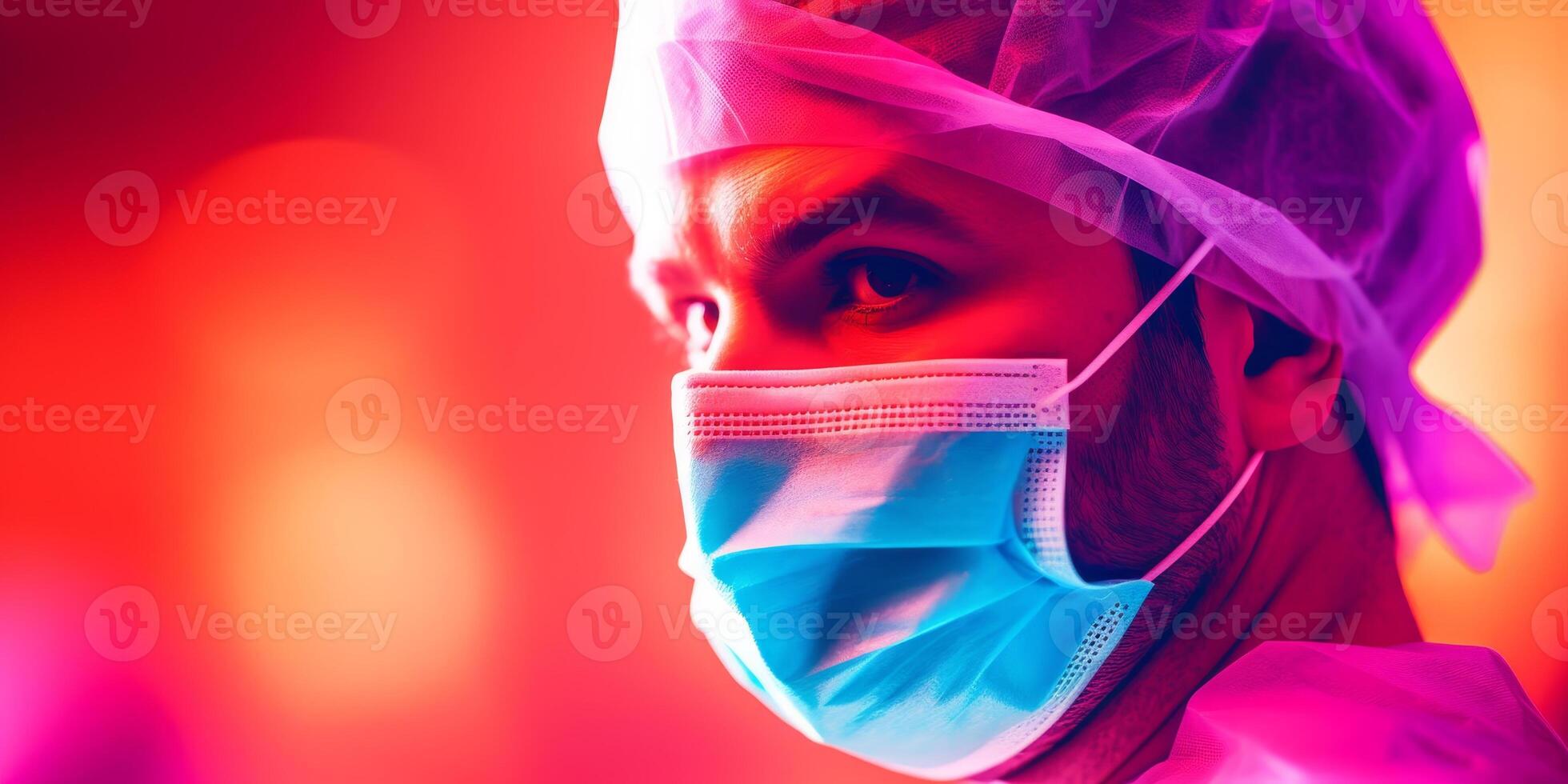 Healthcare professional in vibrant protective gear against a colorful background photo